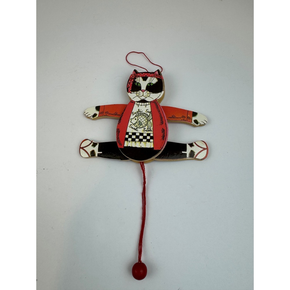 Vintage Wooden Jumping Jack Sushi Chef Cat Pull String Toy Puppet Ornament